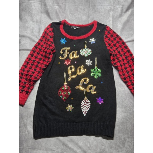 united states sweaters Sweaters - Black & Red Sequin Embellished Fa La La Long Tunic Holiday Sweater XL Sequins